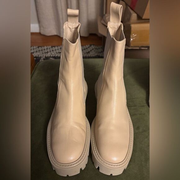 Zara Cream Leather Chunky Lug Sole Platform High Ankle Chelsea Boot Sz 6.5 (37) - Picture 2 of 7